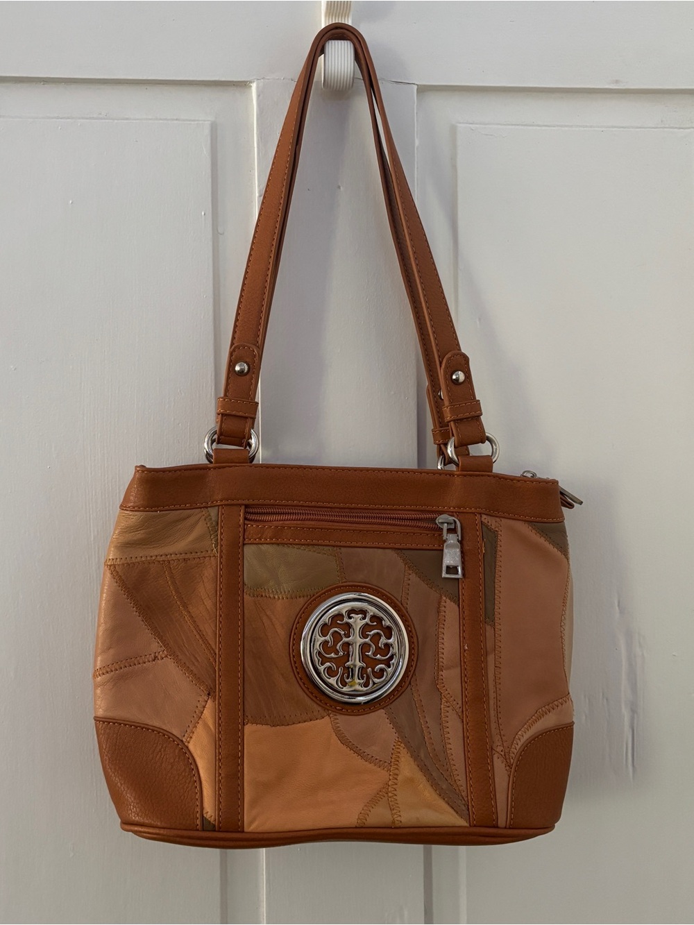 Women’s Patchwork Faux Leather Tote Shoulder Bag Tan with Silver Detail